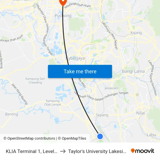 KLIA Terminal 1, Level 1 Gate 2 to Taylor's University Lakeside Campus map