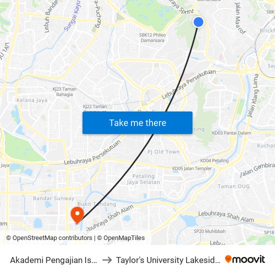 Akademi Pengajian Islam (Api) to Taylor's University Lakeside Campus map