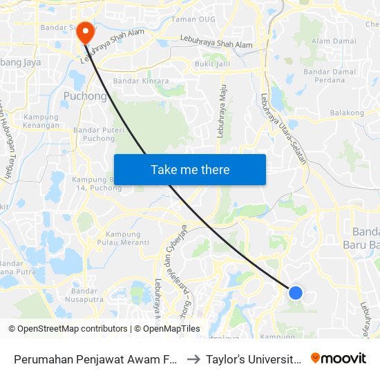 Perumahan Penjawat Awam Fasa 15-12b Presint 15 (Ppj374) to Taylor's University Lakeside Campus map