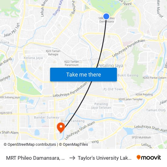 MRT Phileo Damansara, Pintu A (Pj823) to Taylor's University Lakeside Campus map