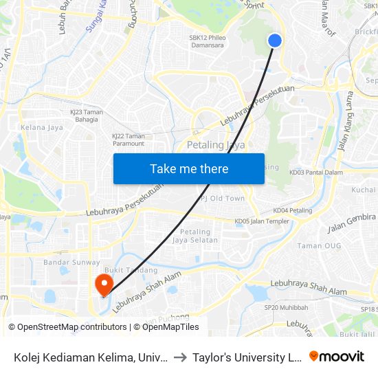 Kolej Kediaman Kelima, Universiti Malaya (Kl2343) to Taylor's University Lakeside Campus map