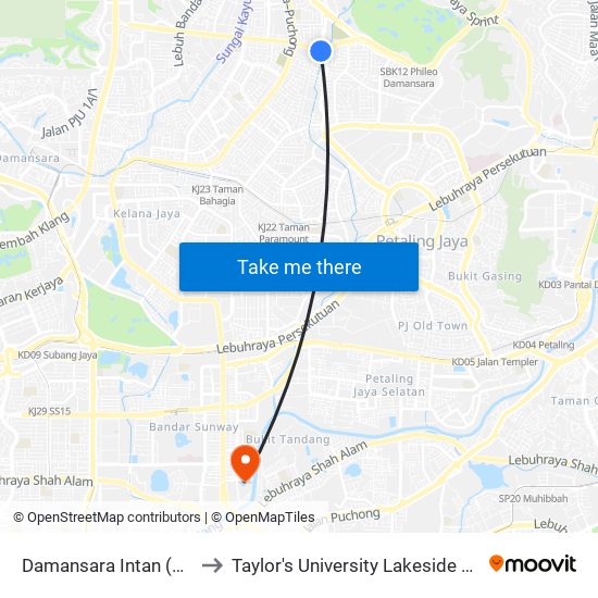 Damansara Intan (Pj709) to Taylor's University Lakeside Campus map