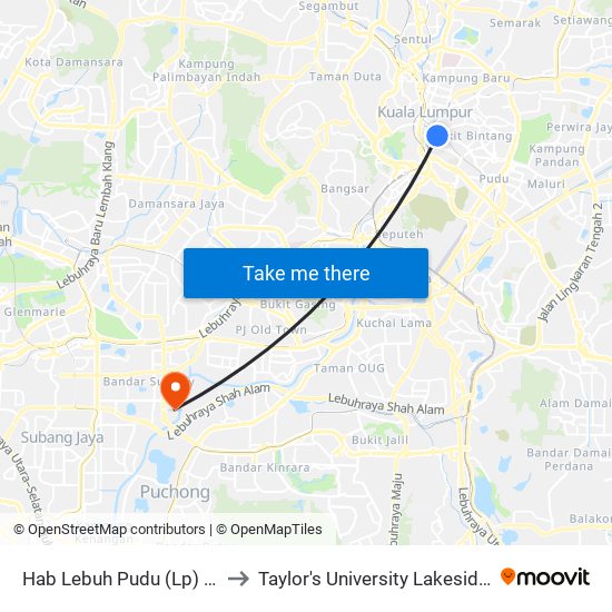 Hab Lebuh Pudu (Lp) (Kl1565) to Taylor's University Lakeside Campus map