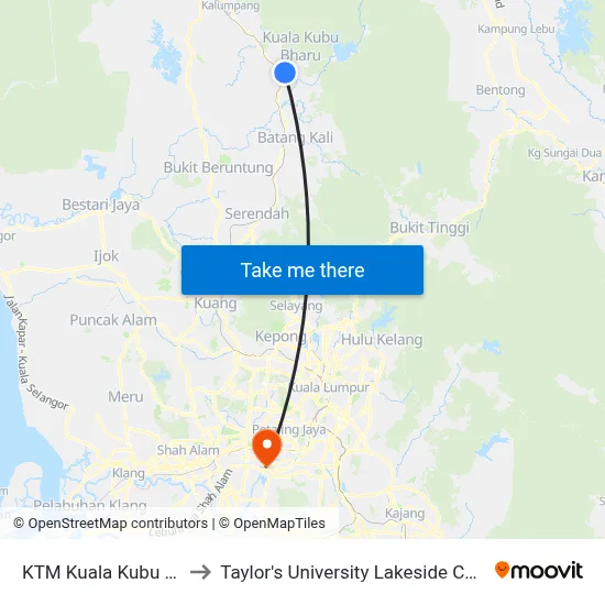 KTM Kuala Kubu Baru to Taylor's University Lakeside Campus map