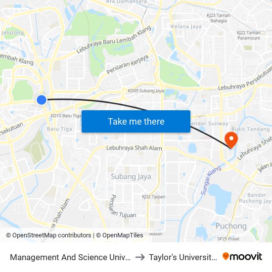 Management And Science University (Msu), Shah Alam (Sa114) to Taylor's University Lakeside Campus map