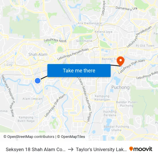 Seksyen 18 Shah Alam Commercial Centre to Taylor's University Lakeside Campus map