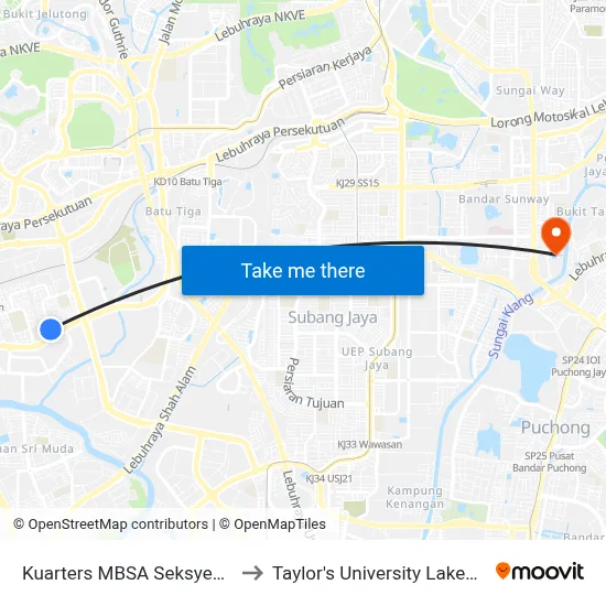 Kuarters MBSA Seksyen 20 (Sa460) to Taylor's University Lakeside Campus map