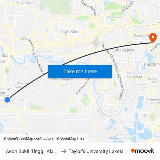 Aeon Bukit Tinggi, Klang (Bd88) to Taylor's University Lakeside Campus map