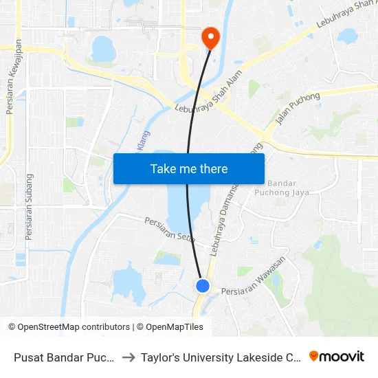 Pusat Bandar Puchong to Taylor's University Lakeside Campus map