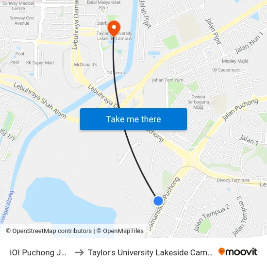 IOI Puchong Jaya to Taylor's University Lakeside Campus map