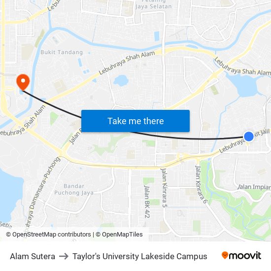 Alam Sutera to Taylor's University Lakeside Campus map