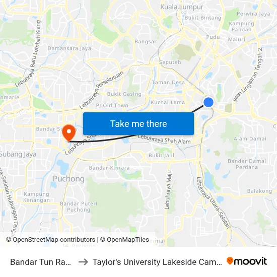 Bandar Tun Razak to Taylor's University Lakeside Campus map
