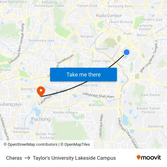 Cheras to Taylor's University Lakeside Campus map