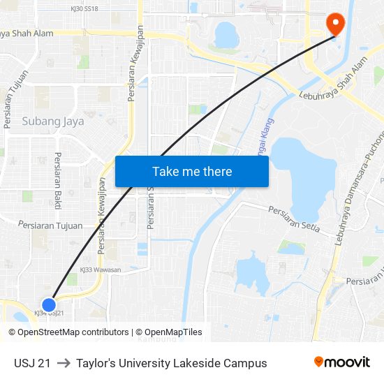 USJ 21 to Taylor's University Lakeside Campus map