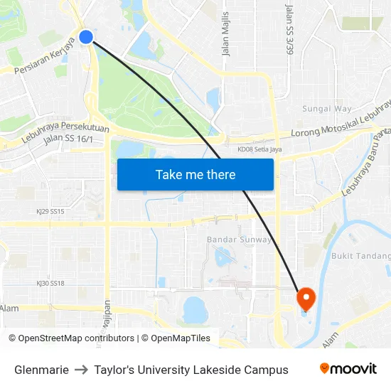 Glenmarie to Taylor's University Lakeside Campus map
