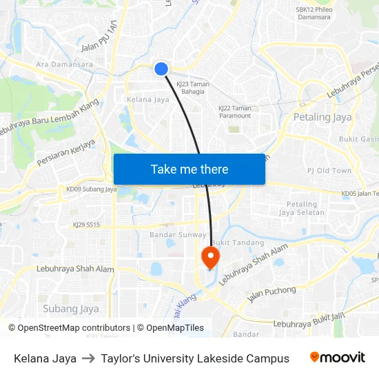 Kelana Jaya to Taylor's University Lakeside Campus map