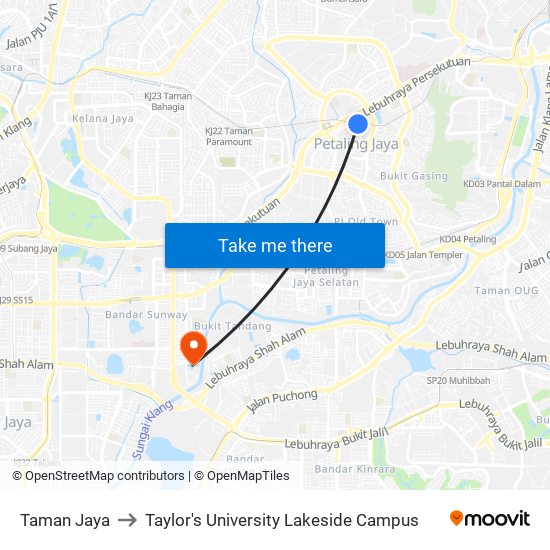 Taman Jaya to Taylor's University Lakeside Campus map