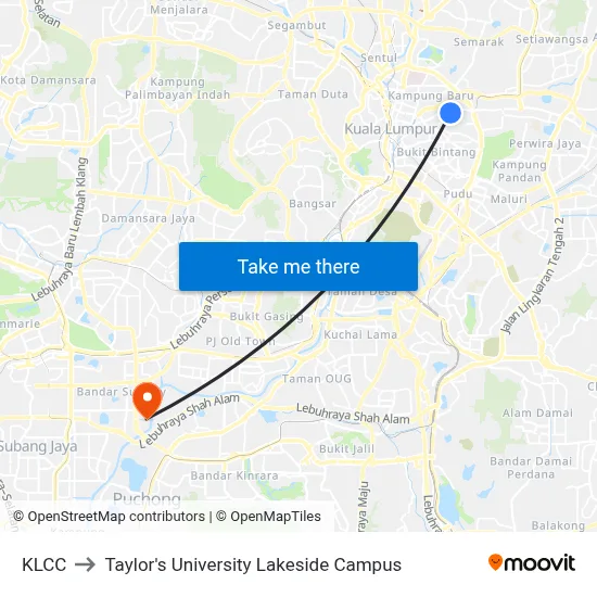 KLCC to Taylor's University Lakeside Campus map