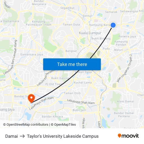 Damai to Taylor's University Lakeside Campus map