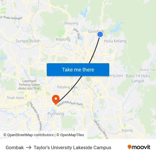 Gombak to Taylor's University Lakeside Campus map