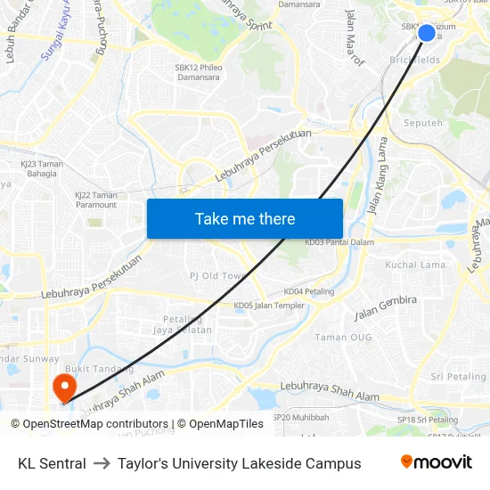 KL Sentral to Taylor's University Lakeside Campus map