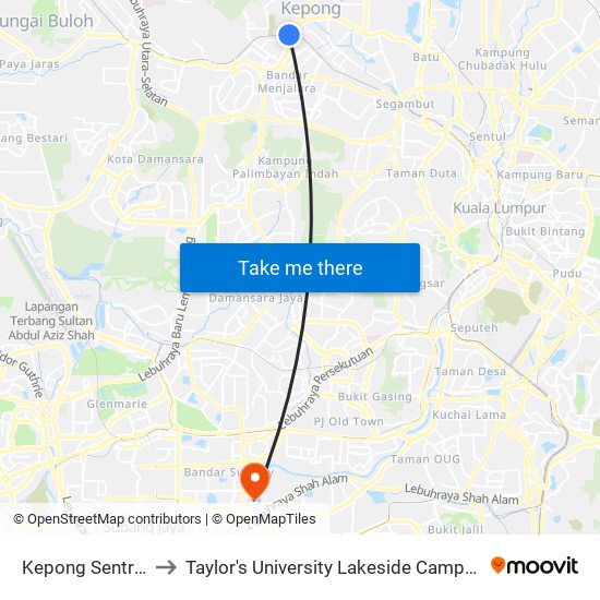 Kepong Sentral to Taylor's University Lakeside Campus map