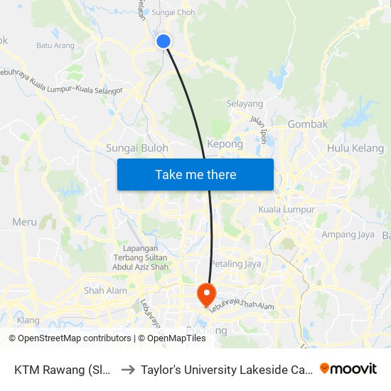 KTM Rawang (Sl446) to Taylor's University Lakeside Campus map