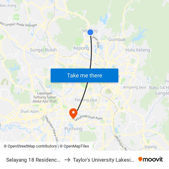 Selayang 18 Residences (Sl266) to Taylor's University Lakeside Campus map