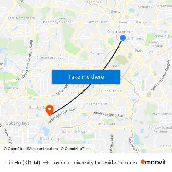 Lin Ho (Kl104) to Taylor's University Lakeside Campus map