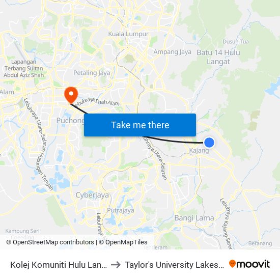 Kolej Komuniti Hulu Langat (Kj194) to Taylor's University Lakeside Campus map