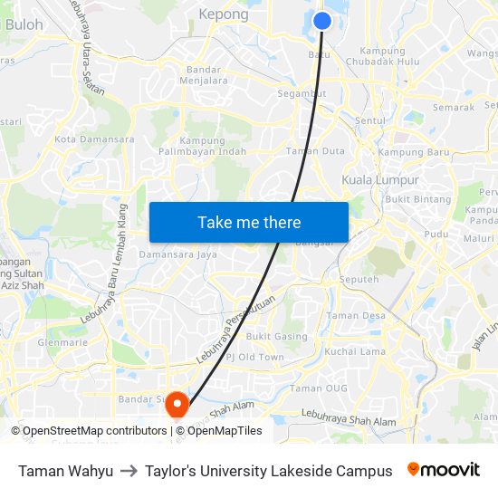 Taman Wahyu to Taylor's University Lakeside Campus map