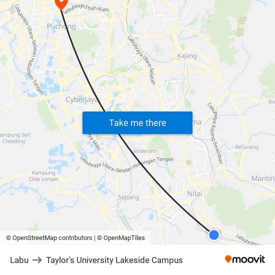 Labu to Taylor's University Lakeside Campus map
