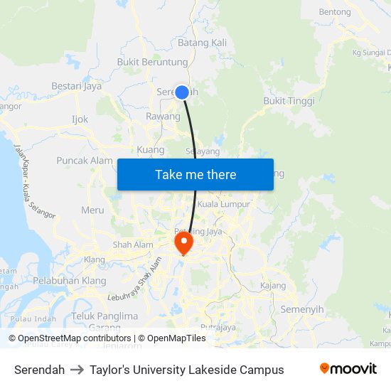Serendah to Taylor's University Lakeside Campus map