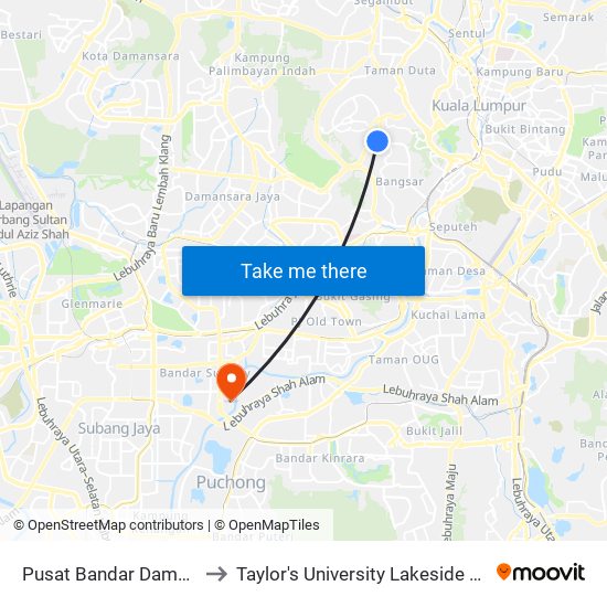 Pusat Bandar Damansara to Taylor's University Lakeside Campus map