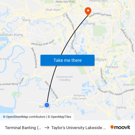 Terminal Banting (Lg29) to Taylor's University Lakeside Campus map