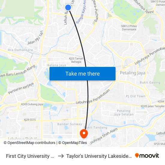 First City University College to Taylor's University Lakeside Campus map