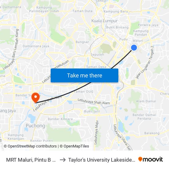 MRT Maluri, Pintu B (Kl874) to Taylor's University Lakeside Campus map