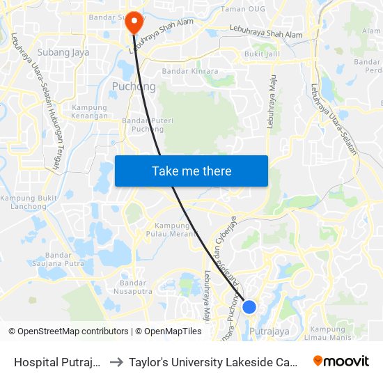 Hospital Putrajaya to Taylor's University Lakeside Campus map