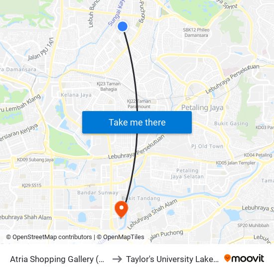 Atria Shopping Gallery (Utara) (Pj490) to Taylor's University Lakeside Campus map