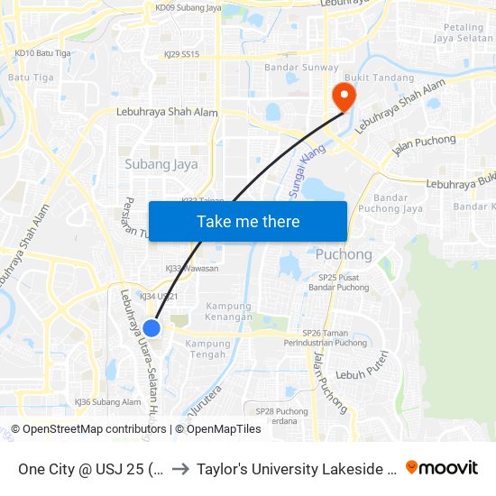 One City @ USJ 25 (Sj734) to Taylor's University Lakeside Campus map