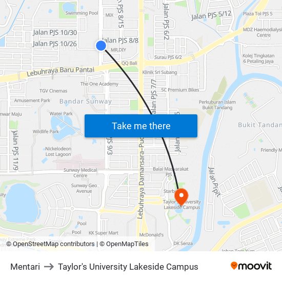 Mentari to Taylor's University Lakeside Campus map