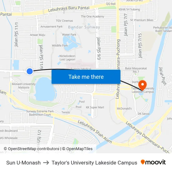 Sun U-Monash to Taylor's University Lakeside Campus map