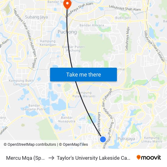 Mercu Mqa (Sp68) to Taylor's University Lakeside Campus map