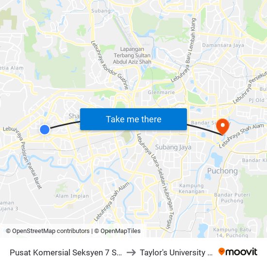 Pusat Komersial Seksyen 7 Shah Alam (Timur) (Sa865) to Taylor's University Lakeside Campus map