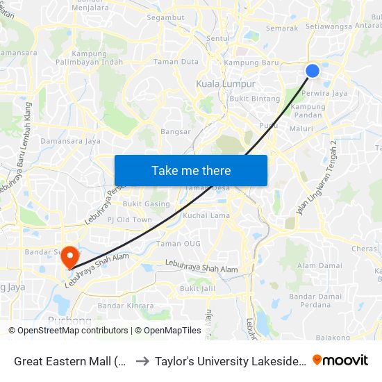 Great Eastern Mall (Kl2289) to Taylor's University Lakeside Campus map