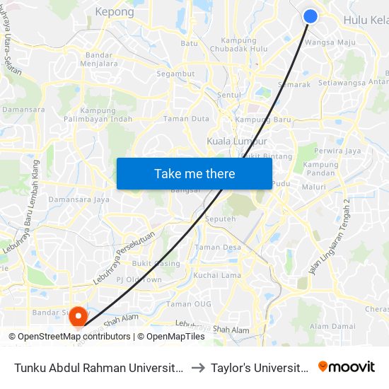 Tunku Abdul Rahman University College (Taruc) Pintu 4 (Opp) to Taylor's University Lakeside Campus map