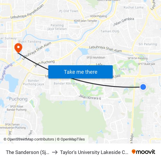 The Sanderson (Sj768) to Taylor's University Lakeside Campus map