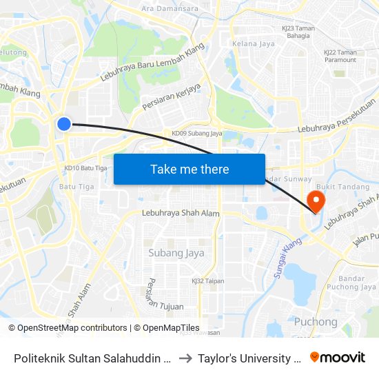 Politeknik Sultan Salahuddin Abdul Aziz Shah (Selatan) to Taylor's University Lakeside Campus map