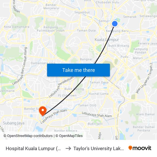 Hospital Kuala Lumpur (Utara) (Kl1837) to Taylor's University Lakeside Campus map