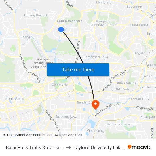 Balai Polis Trafik Kota Damansara (Pj97) to Taylor's University Lakeside Campus map